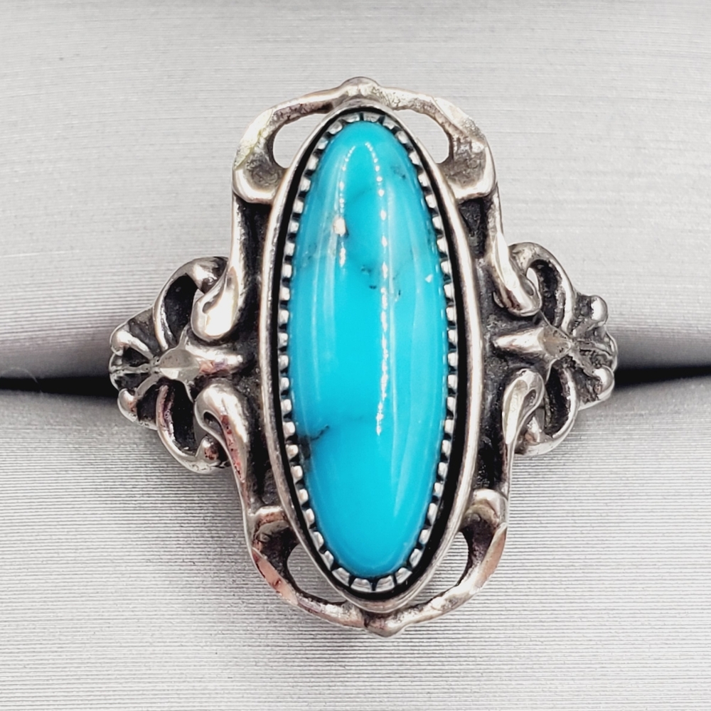 Genuine Elongated Blue Turquoise 925 Sterling Silver Navajo Vintage Bow Ring